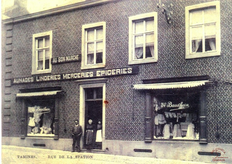 Tamines : Au Bon Marché. Aunages, lingeries, merceries, épiceries. Vve BAUDHUIN.