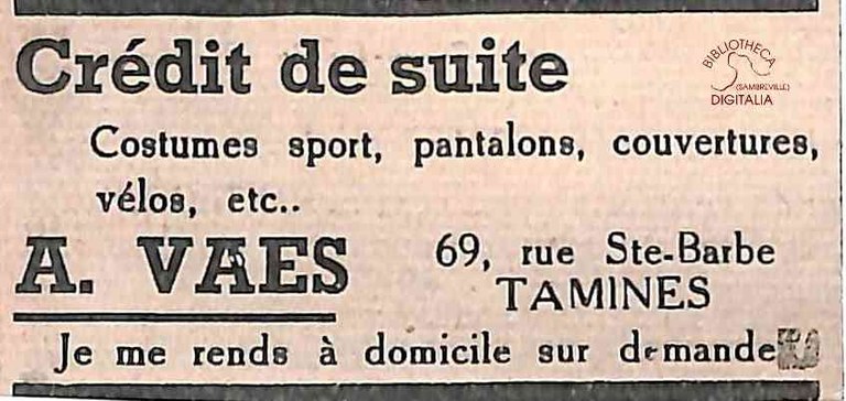 Tamines : A. VAES (Costumes sport, pantalons, ...)