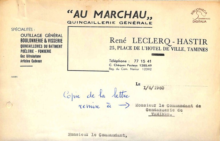 Tamines : Facture de la Quincaillerie générale "Au Marchau"