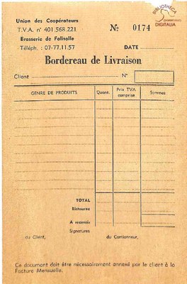 Bordereau de livraison pour la Brasserie de Falisolle