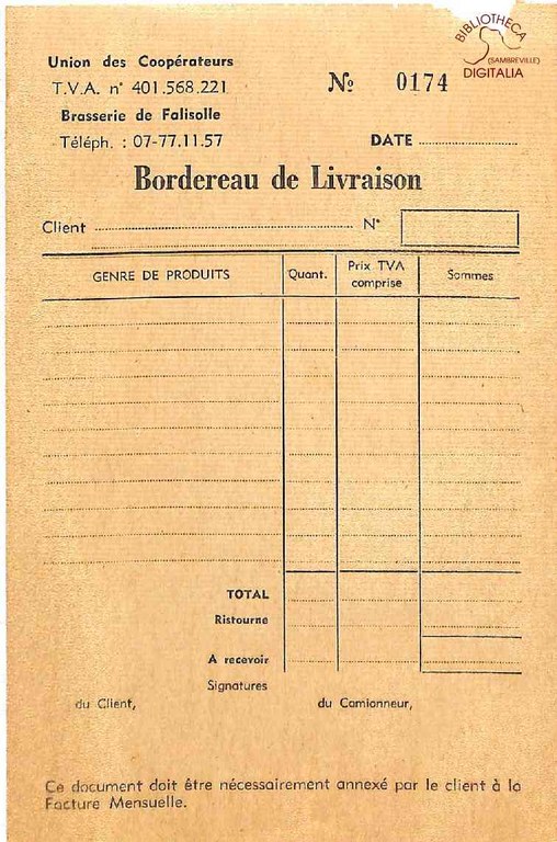 Bordereau de livraison pour la Brasserie de Falisolle