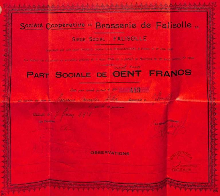 "Part sociale" de la société coopérative "Brasserie de Falisolle"