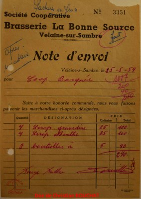 Note d'envoi de la Brasserie La Bonne Source