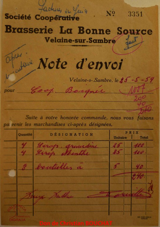 Note d'envoi de la Brasserie La Bonne Source