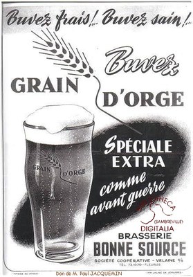 Publicité pour la bière Grain d'orge de la Brasserie Bonne Source