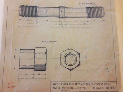 Dessin industriel d'une tige et d'un écrou pour séparateur vapeur