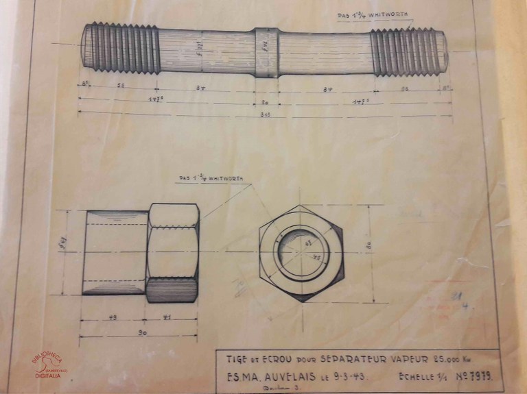 Dessin industriel d'une tige et d'un écrou pour séparateur vapeur
