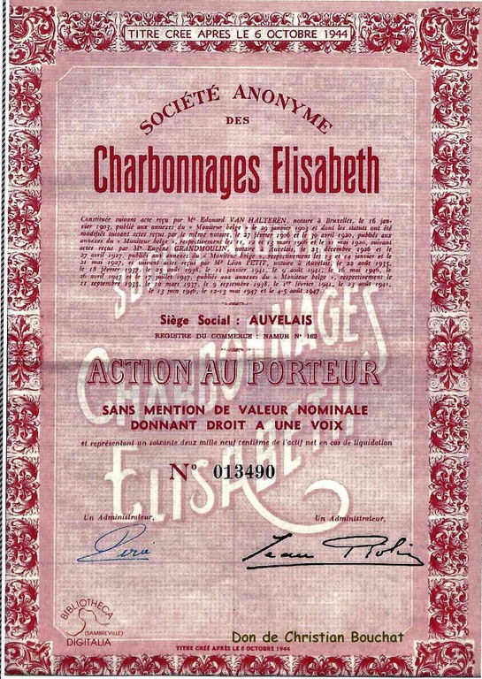 Copie d'une ancienne action des Charbonnages Elisabeth. Siège social Auvelais