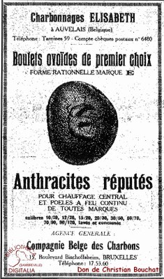 Feuillet publicitaire pour les boulets ovoïdes de premier choix en provenance des charbonnages Elisabeth à Auvelais