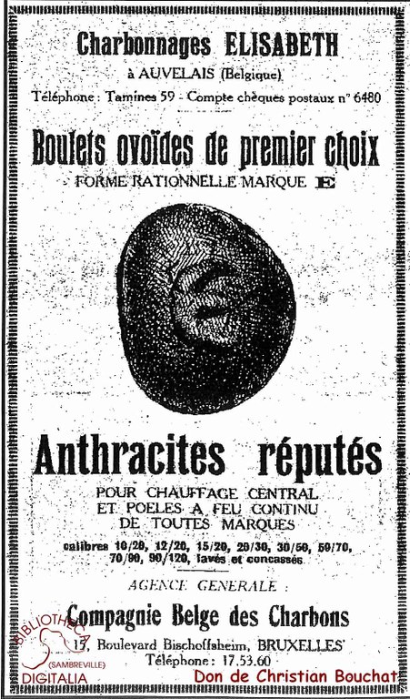 Feuillet publicitaire pour les boulets ovoïdes de premier choix en provenance des charbonnages Elisabeth à Auvelais
