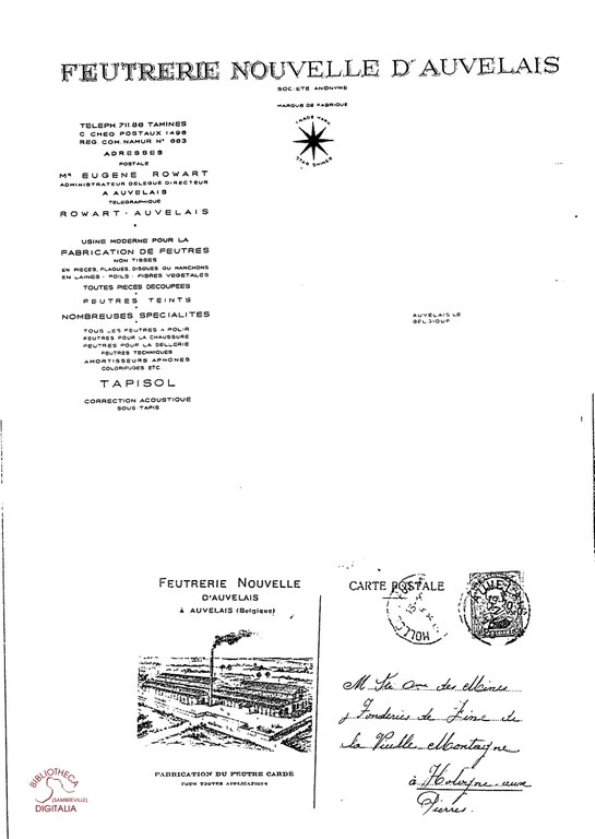 Auvelais : F.N.A. Feutreries Nouvelles d'Auvelais, ancienne facture