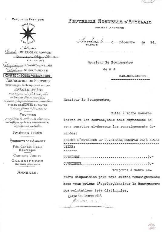 Auvelais : F.N.A. Feutreries Nouvelles d'Auvelais, ancienne facture