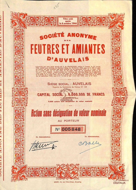 Auvelais : Société Anonyme des Feutres et Amiantes d'Auvelais. Ancienne action