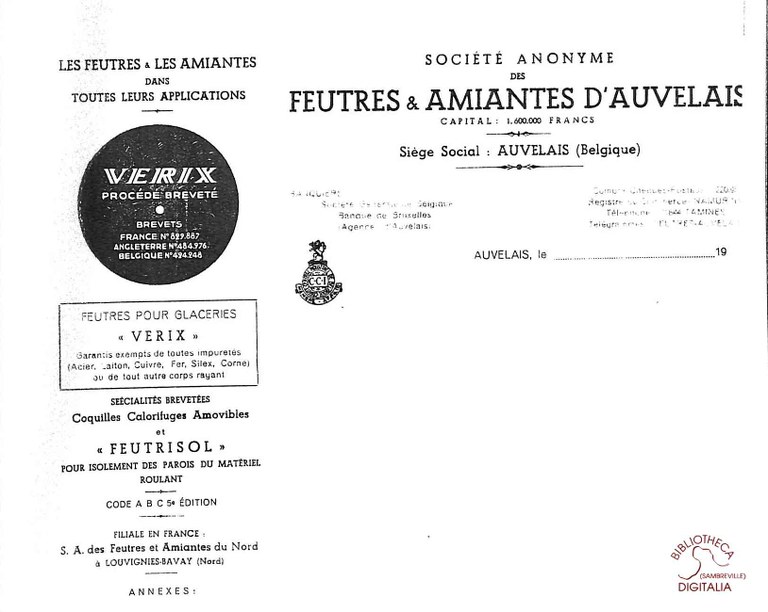 Auvelais : Société Anonyme des Feutres et Amiantes d'Auvelais, entête d'ancienne facture