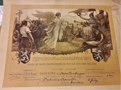 Diplôme de médaille d'argent de l'exposition de Charleroi de 1911 pour la feutrerie Nouvelle d'Auvelais