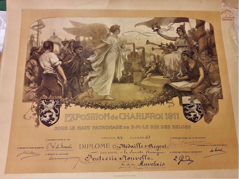 Diplôme de médaille d'argent de l'exposition de Charleroi de 1911 pour la feutrerie Nouvelle d'Auvelais