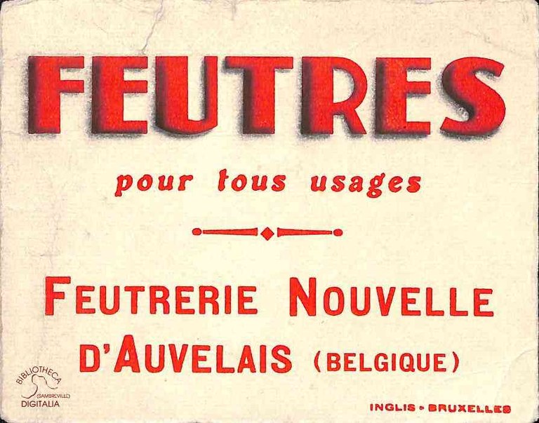 Modèle de buvard : matériel promotionnel de la Feutrerie Nouvelle d'Auvelais