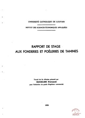Falisolle : copie du rapport de stage aux fonderies et poêleries de Tamines réalisé par JUCKLER Fernand