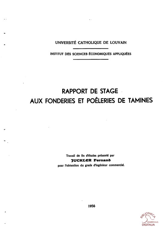 Falisolle : copie du rapport de stage aux fonderies et poêleries de Tamines réalisé par JUCKLER Fernand