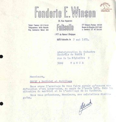 Falisolle : courrier de la Fonderie WINSON