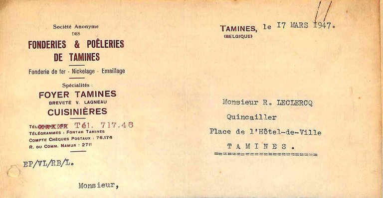 Tamines : Fonderies et poêleries de Tamines, ancienne facture