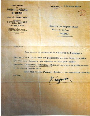Tamines : courrier des Fonderies et Poêleries, signé par Victor LAGNEAU