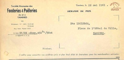 Tamines : Fonderies et poêleries, demande de prix