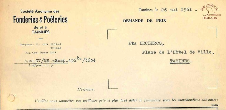 Tamines : Fonderies et poêleries, demande de prix