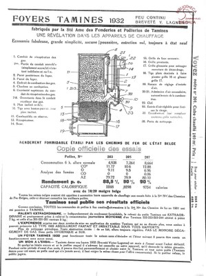 Tamines : publicité des "Foyers Tamines" datant de 1932