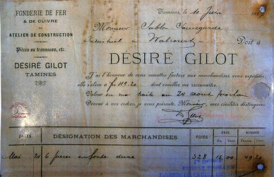 Tamines : Facture au nom de Désiré GILOT