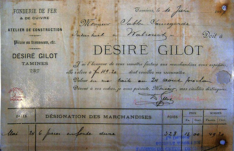 Tamines : Facture au nom de Désiré GILOT