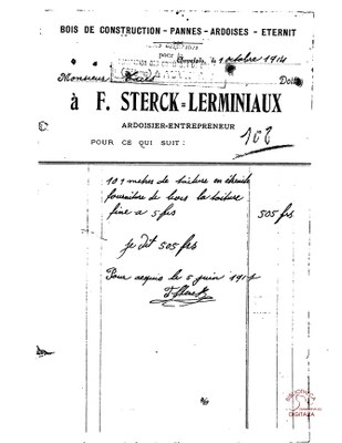 Auvelais : Facture à l'entête de F. STERCK - LERMINIAUX (bois de construction - pannes - ardoises - éternit)
