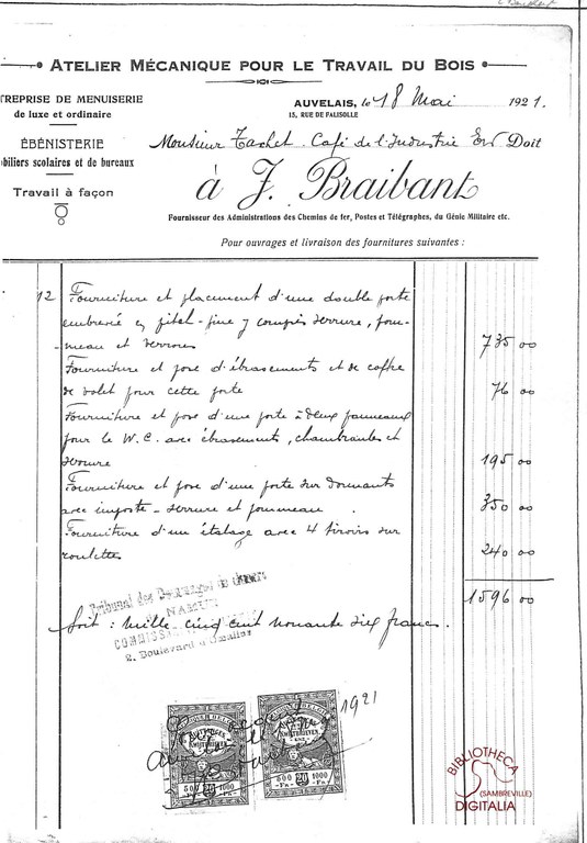 Auvelais : facture avec l'entête : "Atelier mécanique pour le travail du bois" J. BRAIBANT