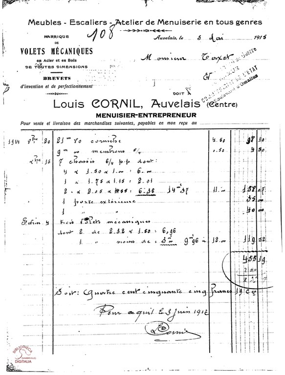 Auvelais : facture avec entête : Louis CORNIL Menuiserie - Entrepreneur