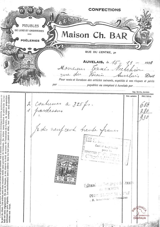 Auvelais : facture avec entête : Maison Ch. BAR : Meubles de luxe et ordinaires et Poêleries