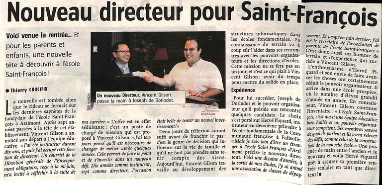 Arsimont : école Saint-François. Nouveau directeur pour Saint François