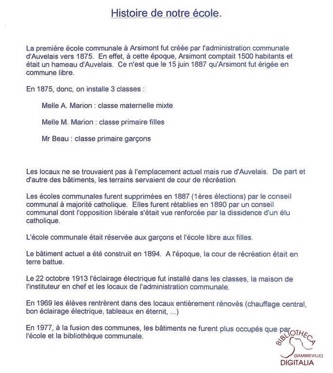 Arsimont : école communale. Historique