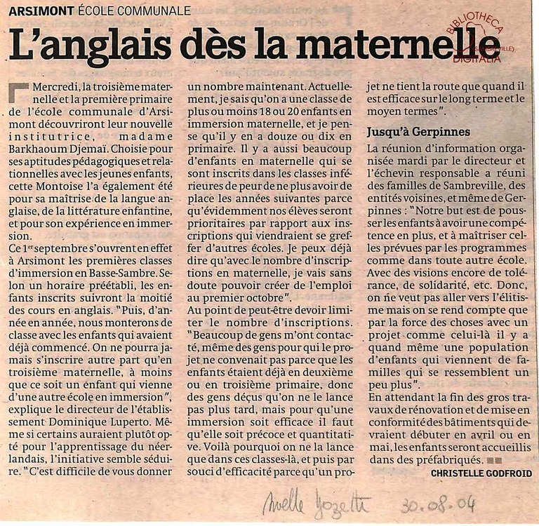 Arsimont  : école communale. L'anglais dès la maternelle