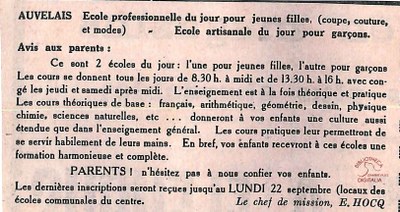 Auvelais :école professionnelle du jour pour jeunes filles (coupe, couture et modes) -