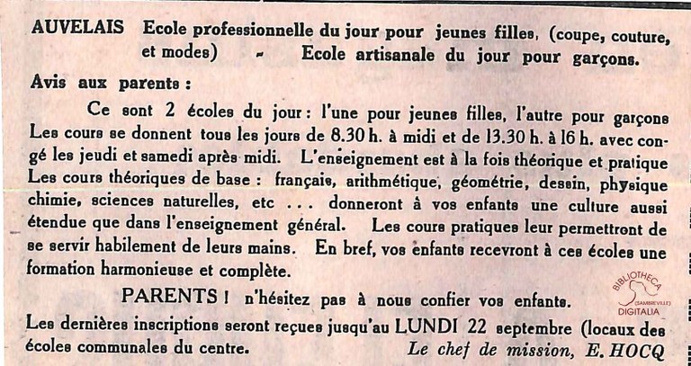 Auvelais :école professionnelle du jour pour jeunes filles (coupe, couture et modes) -