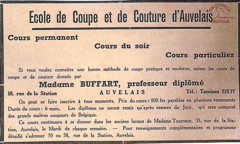 Auvelais : Ecole de coupe et de couture