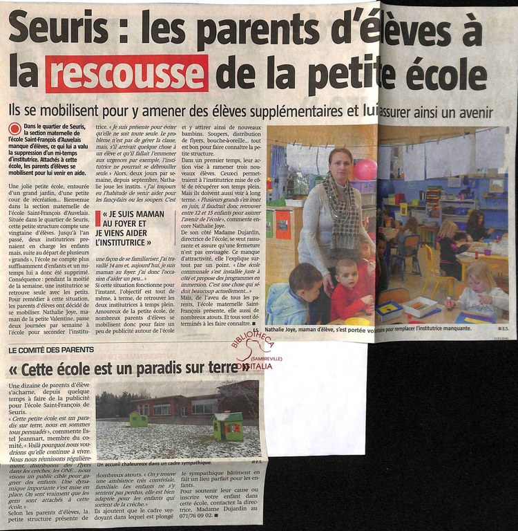 Auvelais : école de Seuris (section maternelle de l'Ecole saint-François d'Auvelais). Seuris :les parents d'élèves à la rescousse de la petite école