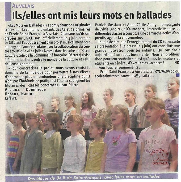 Auvelais : école Saint-François. Ils/elles ont mis leurs mots en ballades
