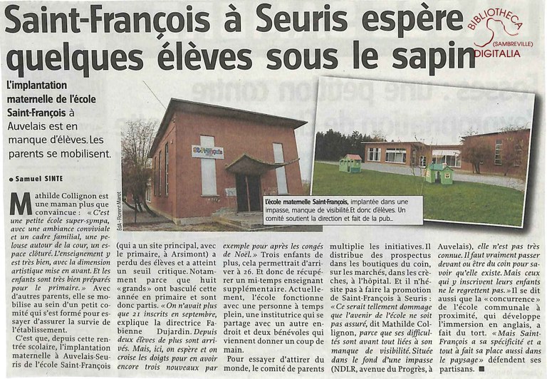 Auvelais : l'école de Seuris. Saint-François à Seuris espère quelques élèves sous le sapin