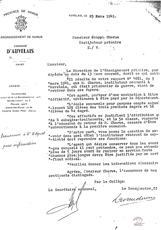 Courrier concernant Joseph CHARUE, instituteur à l'école communale d'Auvelais