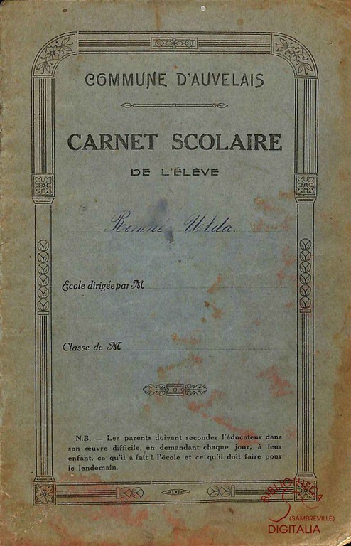 Carnet scolaire de l'élève ROMNEE Ulma, pour le degré inférieur
