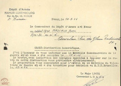Annonce de l'attribution de la Médaille Commémorative de la guerre 40/45 à Jean MASCAUX