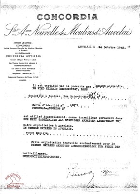 Attestation d'emploi d'Alexandre Lorand par la Société Anonyme Nouvelle des Moulins d'Auvelais