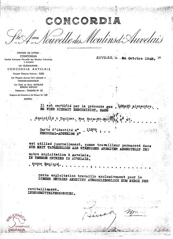Attestation d'emploi d'Alexandre Lorand par la Société Anonyme Nouvelle des Moulins d'Auvelais