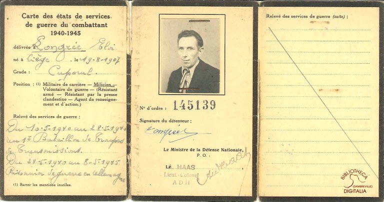Carte des états de services de guerre du combattant 1940-1945  d'Eloi LONGREE
